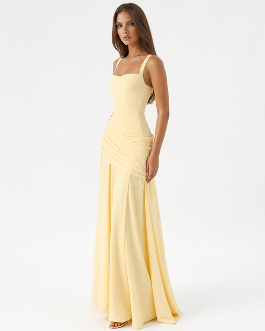 Germa | Long Maxi Dress with Ruched Square Neckline