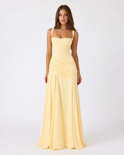 Germa | Long Maxi Dress with Ruched Square Neckline