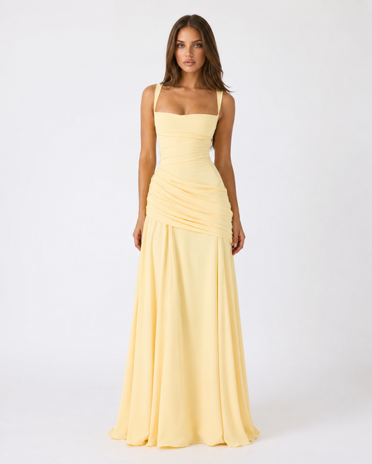 Long Maxi Dress with Ruched Square Neckline