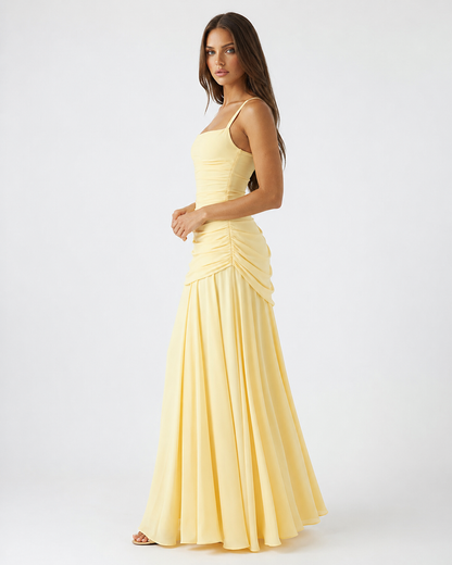 Germa | Long Maxi Dress with Ruched Square Neckline