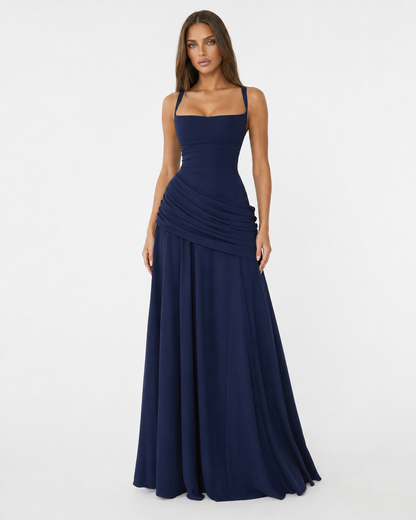 Germa | Long Maxi Dress with Ruched Square Neckline