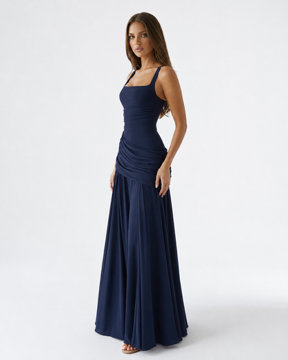 Germa | Long Maxi Dress with Ruched Square Neckline