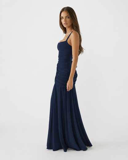 Germa | Long Maxi Dress with Ruched Square Neckline