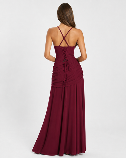 Germa | Long Maxi Dress with Ruched Square Neckline
