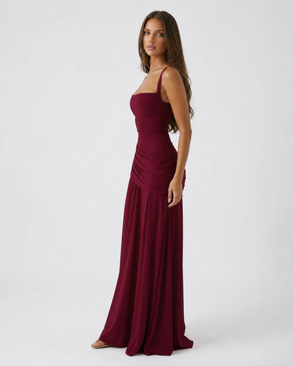 Germa | Long Maxi Dress with Ruched Square Neckline