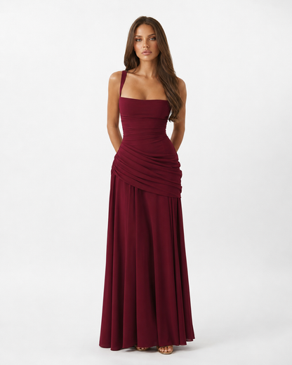 Germa | Long Maxi Dress with Ruched Square Neckline