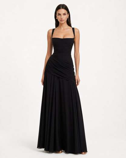 Germa | Long Maxi Dress with Ruched Square Neckline