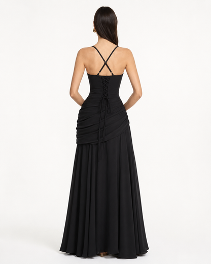Germa | Long Maxi Dress with Ruched Square Neckline